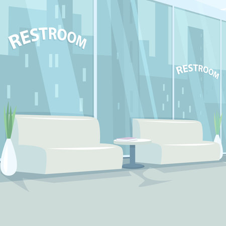 Interior of rest room with panoramic windows and view of city, in modern office. Three quarter view. Simplistic realistic comic art styleのイラスト素材