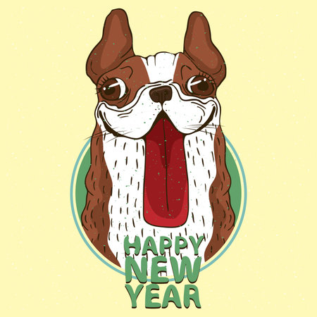 Portrait of smiling multicolor dog, French bulldog that stuck out his big red tongue in round frame. Inscription Happy New Year. Sign of the zodiac in Chinese calendar.のイラスト素材