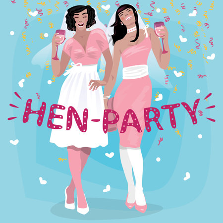 Couple of attractive young girls in pink wedding dresses welcome. Invitation to hen party or bachelorette party concept. Simplistic realistic cartoon art styleのイラスト素材