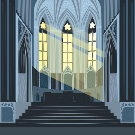 View on altar from nave inside Cathedral Church. Interior of Catholic Basilica with sun rays from windows. Simplified realistic hand draw comic art styleのイラスト素材