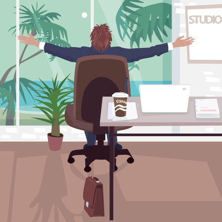 Happy employee in office near tropical beach. Businessman stretches while sitting on chair near panoramic window in business center.のイラスト素材