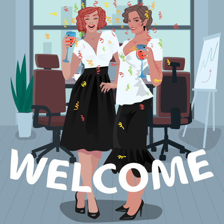 Two happy young girls dressed in dress code, office employees, are welcomed with glasses in their hands. First day on the job concept. Simplistic realistic art style.のイラスト素材