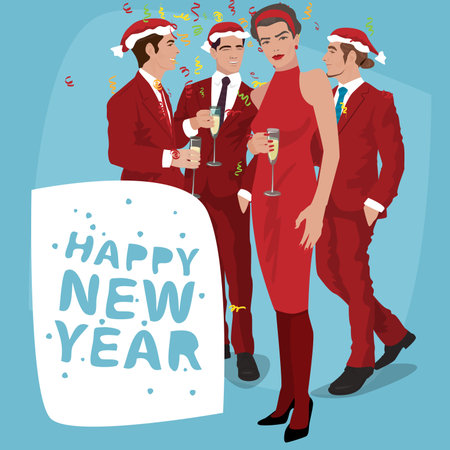 Several fashionable young men in Santa hats and women, in red suits are celebrating New Year holiday. Lettering Happy New Year. Simplistic realistic cartoon art styleのイラスト素材