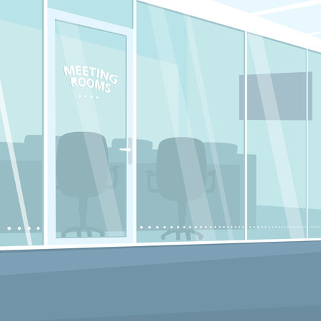 Interior of modern office corridor with view of meeting rooms with glass walls. Three quarter view. Simplistic realistic comic art styleのイラスト素材