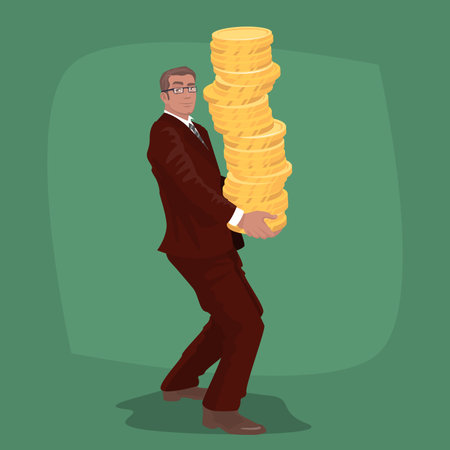 Happy businessman or manager in business suit carries big stack of gold coins money. Success in business or Wealth concept. Simplistic realistic comic art style.のイラスト素材