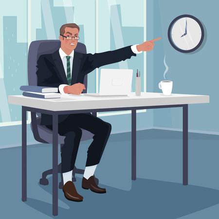 Angry boss or manager sitting at workplace and points to wall clock. Three quarters and full body view. Being late to work concept.のイラスト素材