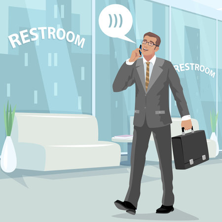 Happy young businessman in gray business suit, walking in office with briefcase in his hand, talking on smartphone and laughs. Man in full growth in restroom at work.のイラスト素材