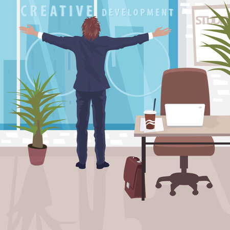 Happy employee at workplace in good office. Businessman standing near panoramic window in business center with arms outstretched. Simplified realistic cartoon styleのイラスト素材