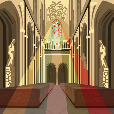 Beautiful view inside Cathedral Church. Interior of Catholic Basilica with multicolor sun rays from stained glass. Simplified realistic hand draw comic art styleのイラスト素材