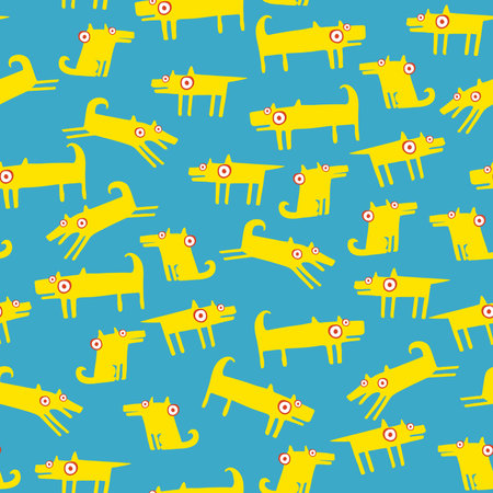 Dog pattern with yellow funny pets with big eyes, in different poses. Light blue background. Flat comic styleのイラスト素材