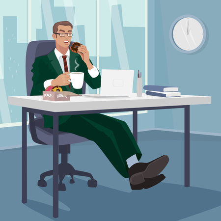 Happy employee has breakfast donuts with coffee in workplace. Businessman snacks in his office. Office life concept. Simplistic realistic cartoon style.のイラスト素材