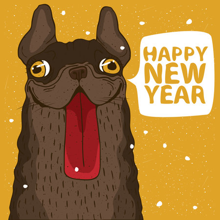 Funny portrait of cheerful dog, French bulldog, color of the earth on yellow background. Inscription Happy New Year. Zodiac sign of 2018 on the Chinese calendar conceptのイラスト素材