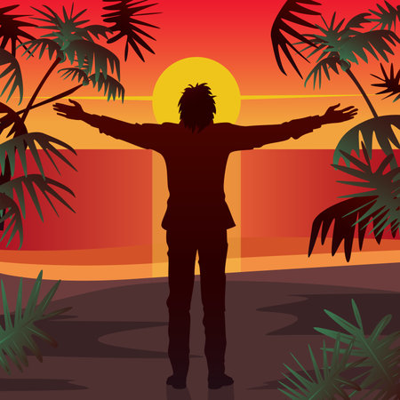 Young man stands at sunset, on beach in front of ocean, with open arms outstretched. Silhouette against setting sun. Simplistic realistic comic art styleのイラスト素材