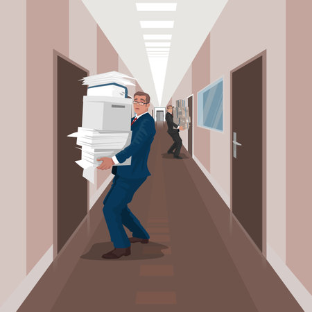 Several employees carry documents between cabinets. View of long corridor in office business center. Moving or Audit concept.のイラスト素材
