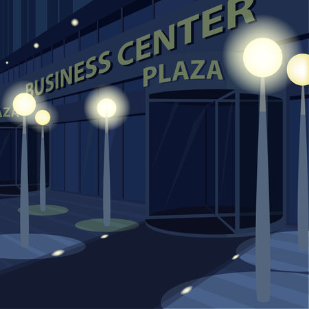 Exterior of facade of office business center at night, with glass wall and doors, with inscription plaza. Three quarter view.のイラスト素材
