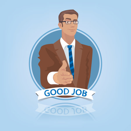 Young businessman or manager, stretches out his hand to say Hello. Front face view in round frame. Congratulation or introduction concept. Simplistic realistic styleのイラスト素材
