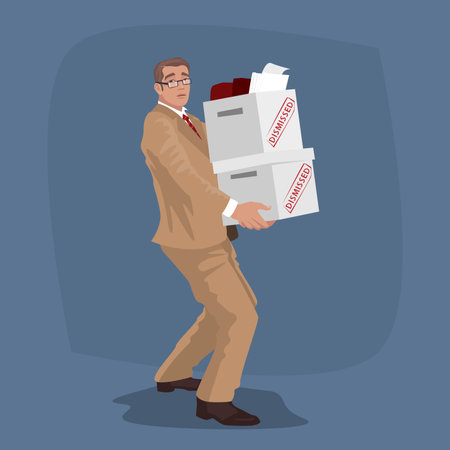 Isolated unhappy worker carry boxes of things with personal belongings. Business man dismissed or employee fired from job concept.のイラスト素材