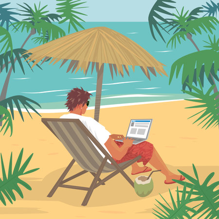 Fashionable young man working on laptop or notebook, sitting in deck chair on tropical beach next to ocean. Freelance concept. Simplistic realistic comic art styleのイラスト素材