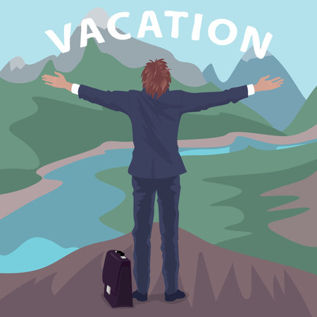 Happy hired employee in suit standing on hill in front of cliff with open arms outstretched. Back view. Lettering Vacation. Simplistic realistic comic art styleのイラスト素材