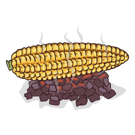 Isolate grilled corn ears fruit on white background. Close up clipart with shadow in flat realistic cartoon style. Hand drawn icon.のイラスト素材
