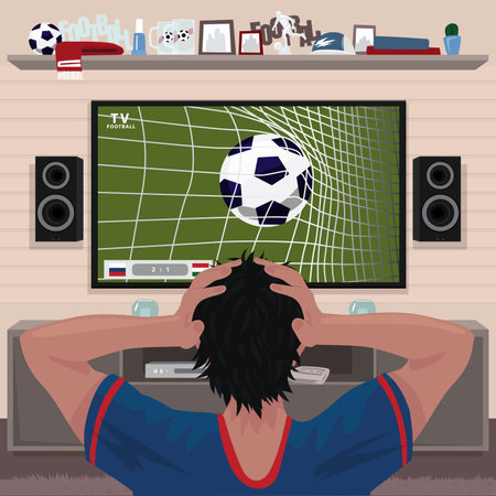 Football fan in despair grabs his head after the goal. Viewing soccer game at home on big TV. Interior room of football fan. Realistic cartoon styleのイラスト素材
