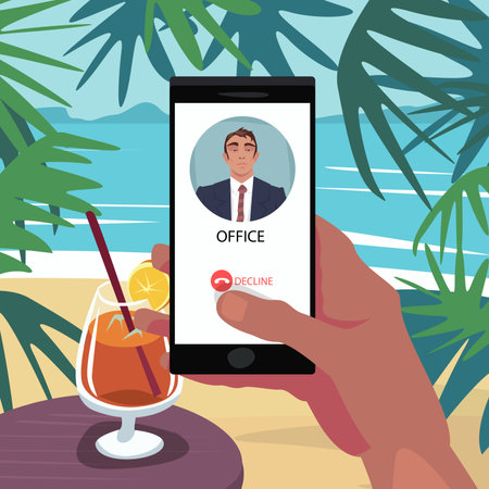 Finger on Decline button on smartphone. Reject incoming call from boss. First person view. Vacation at sea. Ignore the work. Expressive cartoon styleのイラスト素材