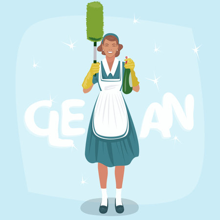 Full body view of cleaning woman holding sprayer and dust brush or pom pom duster. Clean lettering. Expressive cartoon styleのイラスト素材
