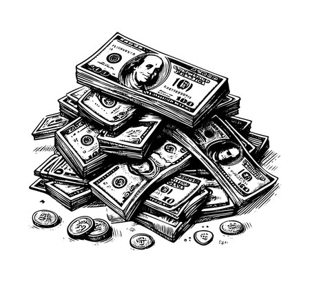 A pile of dollars. Vector black and white engraving illustration.のイラスト素材