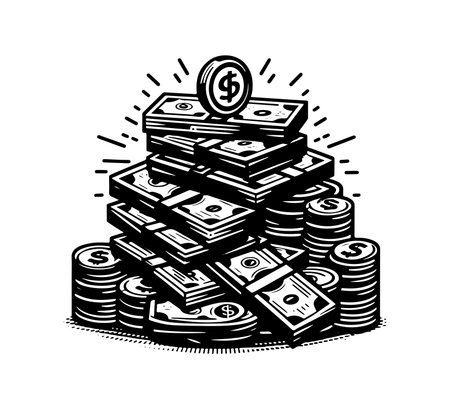 Stack of dollars and coins. Black and white vector illustration in vintage style.のイラスト素材