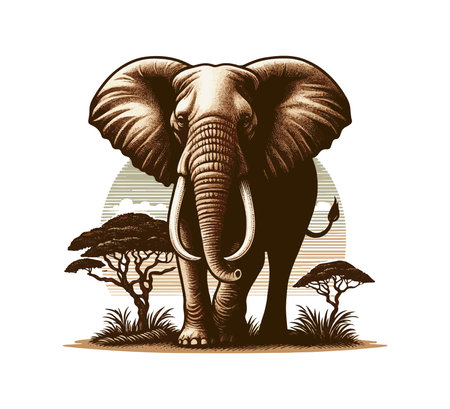 African elephant with acacia trees in the background. Vector illustration.のイラスト素材