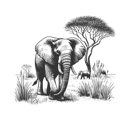 Elephant in savannah. Black and white engraving vector illustration.のイラスト素材