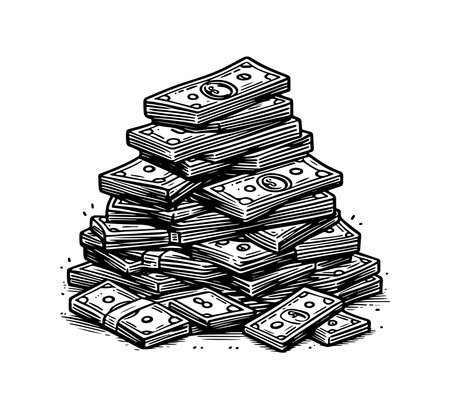 Stack of dollar bills. Black and white vector illustration in engraving style.のイラスト素材