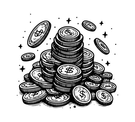 Pile of coins. Black and white vector illustration in engraving style.のイラスト素材