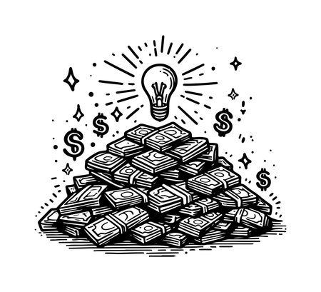 Money stack with light bulb. Hand drawn vector illustration in sketch style.のイラスト素材