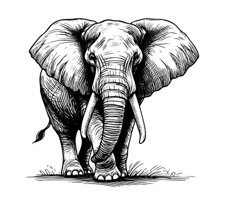 Vector hand drawn illustration of an elephant. Black and white engraved ink art. Isolated on white background.のイラスト素材