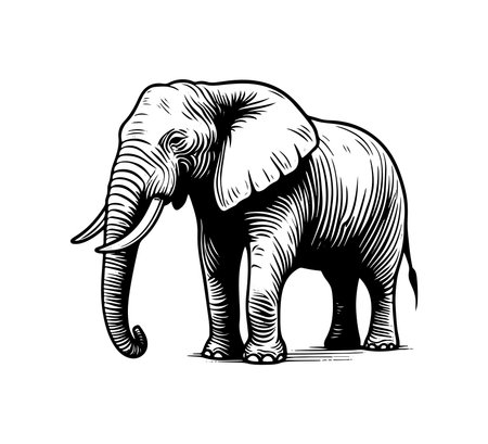 Elephant vector illustration. Black and white engraved ink art. Isolated on white background.のイラスト素材