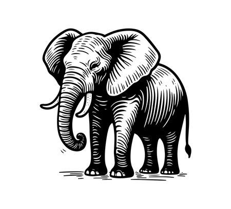 Elephant in engraving style isolated on white background. Vector illustration.のイラスト素材