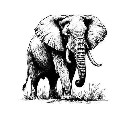 Elephant in the savannah. Black and white vector illustration.のイラスト素材