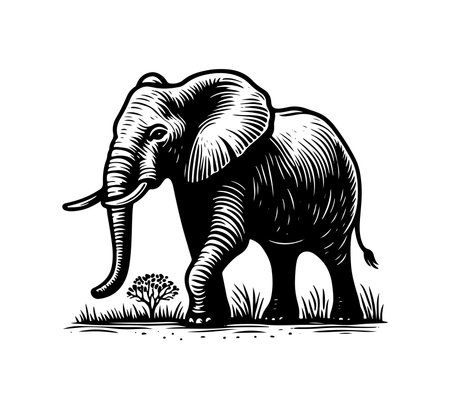Elephant in the field. Vector illustration in black and white colorsのイラスト素材