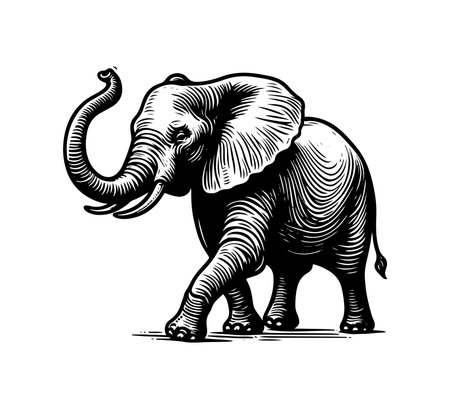 Elephant isolated on white background. Black and white vector illustration.のイラスト素材