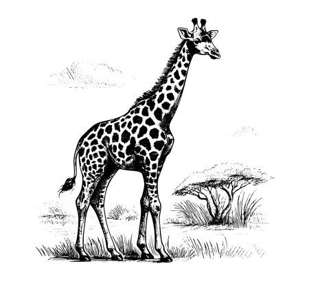 Giraffe in the savannah, sketch vector graphics monochrome illustrationのイラスト素材