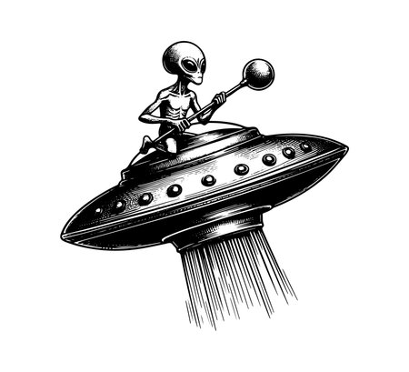 Alien flying saucer. Vector illustration in black and white engraved style.のイラスト素材