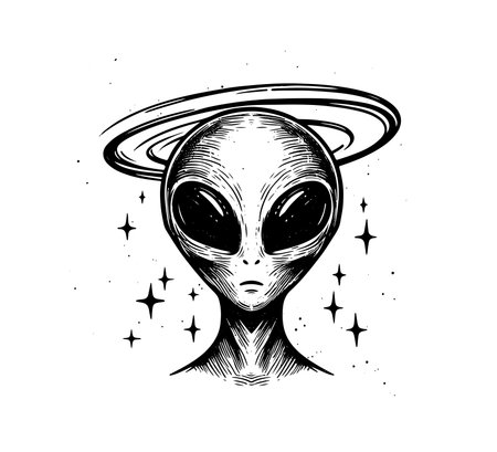 Alien in space. Black and white vector illustration isolated on white background.のイラスト素材