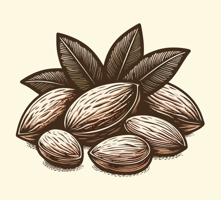 Almond nuts with leaves on a light background. Vector illustration.のイラスト素材