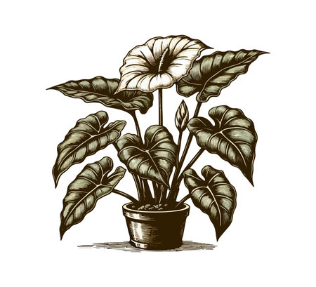 Caladium plant in a pot. Hand drawn sketch vector illustration.のイラスト素材