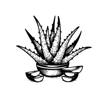 Aloe vera plant in pot. Hand drawn vector illustration.のイラスト素材