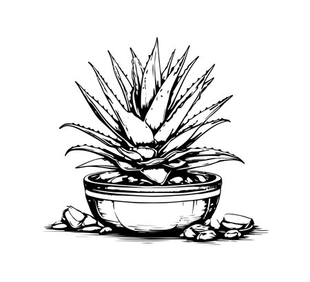Aloe vera plant in a pot. Hand drawn vector illustration.のイラスト素材
