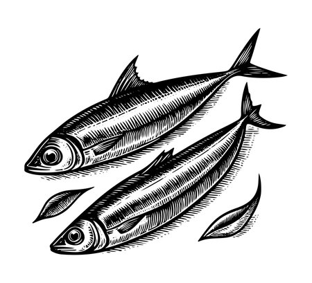 Sardines. Vector sketch of fish. Engraved style.のイラスト素材