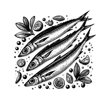 Sardines and lemon. Hand drawn vector illustration. Engraved style.のイラスト素材