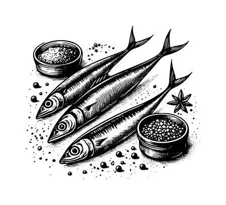 Sardines and spices. Hand drawn vector illustration. Engraved style.のイラスト素材